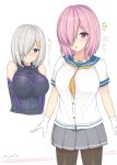  2017 2girls bare_shoulders between_breasts black_gloves blue_eyes blush bodysuit breasts cosplay costume costume_switch dated elbow_gloves eyebrows_visible_through_hair fate/grand_order fate_(series) gloves grey_skirt hair_ornament hair_over_one_eye hairclip hamakaze_(kantai_collection) hamakaze_(kantai_collection)_(cosplay) highres image_sample kantai_collection kuavera large_breasts looking_at_viewer multiple_girls open_mouth pantyhose pink_hair pleated_skirt school_uniform serafuku shielder_(fate/grand_order) shielder_(fate/grand_order)_(cosplay) short_sleeves silver_hair skirt smile surprised trait_connection translated twitter_username violet_eyes white_gloves 