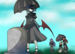  4girls alternate_costume bat_wings black_bow black_dress black_gloves black_shoes blonde_hair bow closed_mouth clouds day dress elbow_gloves flandre_scarlet flower funeral gloves grave hair_bow hal_(goshujinomocha) hat holding holding_umbrella hong_meiling kneeling long_hair low_wings multiple_girls patchouli_knowledge purple_hair red_eyes redhead remilia_scarlet revision shoes sky standing touhou umbrella white_legwear wind wings 