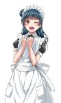  1girl ;d alternate_costume apron bangs blue_hair blunt_bangs blush commentary_request enmaided holding holding_tray long_hair looking_at_viewer love_live! love_live!_sunshine!! maid maid_apron maid_headdress one_eye_closed open_mouth short_sleeves side_bun simple_background smile solo tray tsushima_yoshiko violet_eyes white_background yopparai_oni 