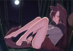  1girl animal_ears bamboo bangs bare_legs barefoot brown_hair feet fingernails full_body full_moon imaizumi_kagerou kaiza_(rider000) long_fingernails long_hair looking_at_viewer moon night night_sky outdoors reclining red_eyes red_skirt skirt sky smile solo tail toes touhou wolf_ears wolf_tail 