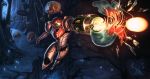  1girl arm_cannon armor artist_name battle cave firing full_body helmet jose_juan_delgado_navarro jumping metroid metroid_(creature) mushroom outstretched_arm pauldrons power_armor revision samus_aran signature varia_suit visor watermark weapon 