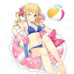  1girl amelie_mcgregor blonde_hair blue_eyes blush braid breasts cleavage french_braid hair_ornament long_hair looking_at_viewer lying medium_breasts mmu navel official_art on_back one_eye_closed smile solo swimsuit transparent_background uchi_no_hime-sama_ga_ichiban_kawaii 
