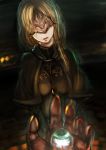  1girl blonde_hair breasts capelet covered_eyes dark_souls dark_souls_iii eyes face_mask fire_keeper highres long_hair mask medium_breasts parted_lips solo solo_focus souls_(from_software) v_arms 