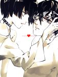  1boy 1girl bangs bare_shoulders black_hair choker english eyelashes glasses heart hetero highres kurusu_akira lips looking_at_another nail_polish persona persona_5 removing_glasses short_hair simple_background takemi_tae text white_background 