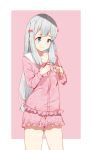  1girl blue_eyes blush bow closed_mouth ero_manga_sensei eromanga_sensei hair_bow highres izumi_sagiri long_hair pajamas pink_background pink_bow solo standing wujia_xiaozi 