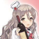  1girl bottle bow bowtie gradient gradient_background hair_between_eyes hat jiji kantai_collection light_brown_hair long_hair looking_at_viewer mini_hat official_art open_mouth pola_(kantai_collection) shirt upper_body wavy_hair white_shirt wine_bottle yellow_eyes 