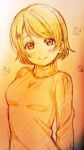  1girl brown_hair hair_ornament hairpin koizumi_hanayo looking_at_viewer love_live! love_live!_school_idol_project murota_yuuhei smile sweater traditional_media turtleneck turtleneck_sweater violet_eyes 