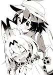  2girls animal_ears bag biting black_hair blush bow bowtie closed_eyes ear_biting elbow_gloves gloves hand_holding hand_on_another&#039;s_shoulder hat hat_feather kaban_(kemono_friends) kemono_friends monochrome multiple_girls open_mouth pants serval_(kemono_friends) serval_ears serval_print short_hair short_sleeves simple_background smile sweatdrop white_background yan&#039;yo_(yan&#039;yan&#039;yo) yuri 