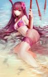  1girl bikini brown_hair derivative_work fate/grand_order fate_(series) flower hair_flower hair_ornament haohe_buguo hibiscus highres long_hair looking_at_viewer parted_lips partially_submerged pink_bikini red_eyes sarong scathach_(fate/grand_order) scathach_(swimsuit_assassin)_(fate) see-through smile solo swimsuit very_long_hair water 