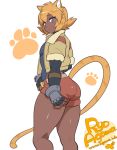  1girl adjusting_clothes agawa_ryou animal_ears ass blue_eyes cat_ears cat_tail compression_sleeve dark_skin fingerless_gloves gloves jacket looking_back orange_hair original paw_print short_hair signature tail thick_thighs thighs white_background 