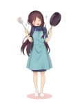  1girl a_channel apron black_hair frying_pan highres kuroda_bb long_hair nishi_yuuko official_art open_mouth smile solo spatula white_background 