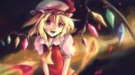 :d blonde_hair blurry clear_echoes cropped dress fang flandre_scarlet hat highres jpeg_artifacts mob_cap open_mouth photoshop puffy_short_sleeves puffy_sleeves red_dress red_eyes short_sleeves smile touhou wings 
