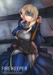  1girl arm_support blonde_hair breasts character_name copyright_name corset dark_souls_iii face_mask fire_keeper long_hair mask medium_breasts negister patreon_username sitting smile solo souls_(from_software) stairs tight watermark web_address yokozuwari 