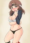  1girl absurdres black_panties blush breasts brown_eyes brown_hair chiyoda_(kantai_collection) cleavage headband highres jack_(jackdou) kantai_collection large_breasts navel open_mouth panties solo torn_clothes underwear 