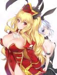  2girls animal_ears anne_bonny_(fate/grand_order) armband back-to-back bangs blonde_hair blue_eyes blush breasts bunnysuit closed_mouth cowboy_shot detached_collar detached_sleeves eyebrows_visible_through_hair fake_animal_ears fate/grand_order fate_(series) frills gloves grin hair_between_eyes hat highres large_breasts leotard long_hair looking_at_viewer mary_read_(fate/grand_order) medium_breasts multiple_girls parted_lips pirate pirate_hat rabbit_ears red_eyes red_gloves red_leotard short_hair silver_hair skull_and_crossbones smile standing teeth wavy_hair yaman_(yamanta_lov) 