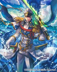  1boy beard capelet cardfight!!_vanguard chains clouds company_name epaulettes facial_hair gloves hat long_hair male_focus marine_general_of_heavenly_silk_sokrates military military_hat military_uniform mustache official_art sky solo sword terai_(teraimorimori) uniform water weapon white_hair 