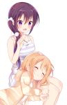  &gt;:o 2girls :o alternate_hairstyle bangs bare_shoulders blush breasts closed_eyes collarbone commentary_request ear_cleaning gochuumon_wa_usagi_desu_ka? hair_between_eyes hair_ornament hair_scrunchie hand_on_another&#039;s_head highres holding hood hoodie horizontal_stripes hoto_cocoa lap_pillow long_hair long_sleeves looking_at_another lying medium_breasts mimikaki multiple_girls nagomi_yayado open_mouth orange_hair pajamas purple_hair scrunchie shirt short_hair shorts side_ponytail sidelocks simple_background sitting sleeveless striped striped_hoodie striped_shirt striped_shorts striped_tank_top sweatdrop tank_top tedeza_rize uwu violet_eyes wavy_mouth white_background white_shirt 