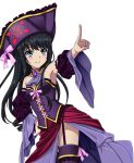 1girl black_hair blue_eyes breasts choker detached_sleeves dutch_angle garter_straps hand_on_hip hat index_finger_raised long_hair minamiya_natsuki outstretched_arm pink_ribbon purple_hat purple_legwear ribbon small_breasts smile solo standing strike_the_blood thigh-highs transparent_background 