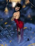  1girl ada_wong ass black_hair blue_eyes bob_cut choker crossed_arms dress from_above full_body ganassa high_heels holster lips long_dress looking_back open-back_dress red_dress resident_evil resident_evil_4 ribbon_choker short_hair side_slit solo thigh_holster toned 