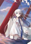  1girl bangs blue_eyes blue_sky clouds cloudy_sky dress dutch_angle eyebrows_visible_through_hair floating_hair grey_hair hair_between_eyes hair_ornament highres long_hair mikoto_kei original outdoors parted_lips shide shrine sky solo sundress very_long_hair wading water white_dress white_hair 