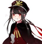  1boy androgynous black_hair blush cape clenched_teeth crying crying_with_eyes_open eyebrows_visible_through_hair fate/grand_order fate_(series) flying_sweatdrops gloves hat highres long_hair looking_at_viewer military military_hat military_uniform oda_nobukatsu_(fate/grand_order) oda_nobuyuki_(fate/grand_order) red_eyes simple_background solo tears teeth trap uniform upper_body white_background white_gloves 