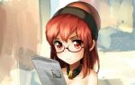  1girl bangs bare_shoulders bespectacled blush collar collarbone glasses hecatia_lapislazuli jewelry long_hair looking_at_viewer medium_hair polos_crown reading red_eyes redhead semi-rimless_glasses signature smile solo touhou u-eruto upper_body 