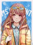  1girl :&gt; artist_name blue_background blue_eyes blue_shirt blush closed_mouth collared_shirt copyright_name eyelashes faux_traditional_media glasses_on_head hood hooded_jacket jacket long_hair looking_away looking_past_viewer looking_to_the_side magion02 marker_(medium) ms.assistant pink_hair shirt solo strap traditional_media two-tone_background upper_body white_background white_border wing_collar yellow_jacket 