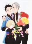  2boys artist_request black_hair blue_eyes bouquet brown_eyes character_doll cheek-to-cheek collared_shirt epaulettes flower hair_slicked_back hand_on_another&#039;s_hip hand_on_another&#039;s_shoulder highres katsuki_yuuri male_focus multiple_boys official_art ribbon shirt silver_hair smile viktor_nikiforov yuri!!!_on_ice yuri_plisetsky 