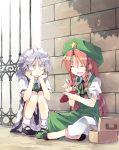  2girls ^_^ against_wall braid chin_rest closed_eyes commentary full_body hat high_heels hong_meiling indian_style izayoi_sakuya long_hair looking_at_another maid_headdress mary_janes multiple_girls redhead revision satou_kibi shoes short_hair silver_hair sitting smile squatting star sweatdrop touhou twin_braids |_| 