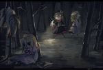  4girls blonde_hair bow commentary corpse creepy dress fedora flashlight forest hat hat_bow koto_inari long_hair maribel_hearn mob_cap multiple_girls nature necktie purple_dress short_hair skeleton touhou usami_renko 