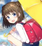  1girl backpack bag bangs blue_eyes blush brown_hair double_bun eyebrows_visible_through_hair from_behind holding holding_umbrella long_sleeves looking_at_viewer looking_back masuishi_kinoto open_mouth original outdoors overalls pond randoseru school_uniform serafuku short_hair smile socks solo squatting umbrella white_legwear 