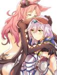  2girls animal_ears back_tattoo backless_outfit bangs black_gloves blue_hairband blush catharine_(granblue_fantasy) closed_eyes consoling crying crying_with_eyes_open erun_(granblue_fantasy) gauntlets gloves gradient gradient_background granblue_fantasy hairband hand_on_another&#039;s_head hat heles knees_up leg_hug long_hair metal_boots mikan-uji mini_hat mini_top_hat multiple_girls pink_hair red_hairband silver_hair simple_background tattoo tears top_hat tramp_stamp yellow_eyes yuri 