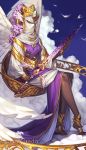  angel_wings artist_name blue_sky clouds dark_skin face_covered head_wings headwear_request holding holding_sword holding_weapon jewelry nail_polish noa_ikeda purple_hair purple_robe ring sitting sky sword tarot watermark weapon white_wings wide_sleeves wings yellow_nails 