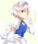  1girl ;) alternate_hairstyle bei_mochi blue_eyes breasts elbow_gloves from_side gloves green_ribbon izayoi_sakuya looking_at_viewer looking_to_the_side maid_headdress neck_ribbon one_eye_closed puffy_short_sleeves puffy_sleeves ribbon short_hair short_sleeves silver_hair smile solo touhou upper_body white_gloves 