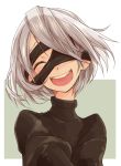  1girl :d bangs black_dress black_hairband blindfold blindfold_slip blush closed_mouth commentary_request dress facing_viewer hair_over_one_eye hairband juliet_sleeves long_sleeves nier_(series) nier_automata no_mole one_eye_covered open_mouth puffy_sleeves ribbed_dress round_teeth short_hair silver_hair smile solo suo_(sndrta2n) teeth turtleneck upper_body upper_teeth yorha_no._2_type_b 