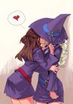  2girls absurdres archvermin belt blonde_hair brown_hair commentary diana_cavendish dress hat hat_over_eyes hat_tug heart hidden_face highres kagari_atsuko kiss little_witch_academia long_hair multiple_girls pulled_by_another spoken_heart witch witch_hat yuri 