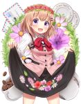  1girl :d black_skirt blush brown_hair coffee_beans collared_shirt cowboy_shot cup flower gochuumon_wa_usagi_desu_ka? hair_ornament hairclip head_tilt head_wreath highres hoto_cocoa leaf letter long_sleeves looking_at_viewer open_mouth petals plate rabbit_house_uniform red_ribbon ribbon shirt skirt skirt_hold smile solo superpig_(wlstjqdla) teacup vest violet_eyes white_background wing_collar 