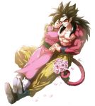  1boy 1girl abs black_hair breasts chi-chi_(dragon_ball) chinese_clothes closed_eyes dragon_ball dragon_ball_gt earrings flower highres husband_and_wife jewelry kim_yura_(goddess_mechanic) medium_breasts monkey_tail muscle pink_rose prehensile_tail rose signature smile son_gokuu super_saiyan_4 tail wrinkles wristband 