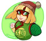  1girl arms_(game) artist_name ashley_ann_swaby bangs beanie blonde_hair chinese_clothes face facepaint green_eyes hat lips min_min_(arms) nose parted_lips portrait profile short_hair signature smile solo 