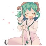  1girl :d ^_^ animal_ears blush broom closed_eyes commentary dog_ears dress facing_viewer fang green_hair happy heart_sutra ini_(inunabe00) kasodani_kyouko no_nose open_mouth petals short_hair smile solo touhou 