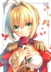  1girl ahoge blonde_hair blush braid breasts cleavage commentary_request crown_braid epaulettes fate/extra fate_(series) flower green_eyes hair_intakes highres jpeg_artifacts looking_at_viewer medium_breasts petals rose rose_petals saber_extra smile solo toosaka_asagi upper_body 