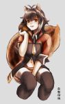  1girl :3 acorn animal_ears antenna_hair black_legwear blazblue cryolite highres jacket looking_at_viewer makoto_nanaya miniskirt multicolored_hair navel orange_eyes orange_skirt short_hair sitting skirt solo squirrel_ears squirrel_tail tail thigh-highs two-tone_hair zipper 