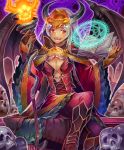  1girl artist_request book boots bridal_gauntlets cape cygames dark_skin demon_girl demon_horns demon_wings demonic_hedonist fingernails fire flame frills grin hair_ornament holding holding_staff horns long_hair magic_circle official_art red_eyes shadowverse sharp_fingernails shingeki_no_bahamut sitting skull smile spell staff white_hair wide_sleeves wings 