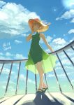  1girl blue_sky breasts brown_eyes brown_hair clouds day dress from_below green_dress guard_rail hat highres hyakujuu-ou_golion mary_janes outdoors pidge_gunderson railing sasha_gladysh see-through_silhouette shadow shoes sky sleeveless small_breasts solo standing sun sun_hat voltron:_legendary_defender 