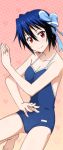  1girl barefoot blue_bow blue_hair blue_swimsuit bow breasts cleavage collarbone competition_school_swimsuit hair_between_eyes hair_bow looking_at_viewer medium_breasts mole mole_under_eye nisekoi red_eyes school_swimsuit short_hair smile solo stance swimsuit tsugumi_seishirou 