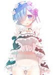  1girl blue_eyes blue_hair blush detached_sleeves dress dress_lift eyebrows_visible_through_hair hair_ribbon long_sleeves looking_at_viewer maid maid_headdress mitsumomo_mamu open_mouth panties pink_ribbon re:zero_kara_hajimeru_isekai_seikatsu rem_(re:zero) ribbon short_hair smile solo underwear white_panties 