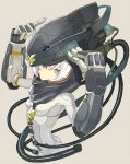  1girl :&lt; bangs bodysuit breasts closed_mouth copyright_request expressionless green_eyes grey_background hair_between_eyes hands_up helmet looking_at_viewer mechanical_arm nekoglasses plugsuit science_fiction simple_background small_breasts solo upper_body white_hair 