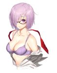  1girl bare_shoulders black-framed_eyewear blush bra breasts cleavage closed_mouth collarbone fate/grand_order fate_(series) glasses hair_over_one_eye highres hiyashi_yaki lavender_hair looking_at_viewer medium_breasts navel necktie necktie_removed off_shoulder open_clothes open_shirt purple_bra red_necktie semi-rimless_glasses shielder_(fate/grand_order) shirt short_hair simple_background solo under-rim_glasses underwear undressing upper_body violet_eyes white_background 