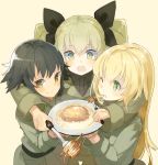  3girls ;o anchovy bangs beige_background black_hair black_shirt blush braid brown_eyes carpaccio closed_mouth eyebrows_visible_through_hair fang food fork girls_und_panzer green_coat green_eyes green_hair holding holding_fork holding_plate hug long_hair long_sleeves looking_at_viewer military military_uniform multiple_girls nekoglasses one_eye_closed open_mouth pasta pepperoni_(girls_und_panzer) plate shirt short_hair side_braid simple_background smile uniform upper_body yellow_eyes 