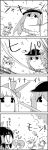  1girl 4koma belt bow cherry_blossoms club comic drinking food fruit gourd greyscale hair_bow hair_tubes hakurei_reimu hat highres hinanawi_tenshi horn_ribbon horns ibuki_suika jitome kanabou long_hair monochrome peach ribbon smile tani_takeshi touhou translated weapon 